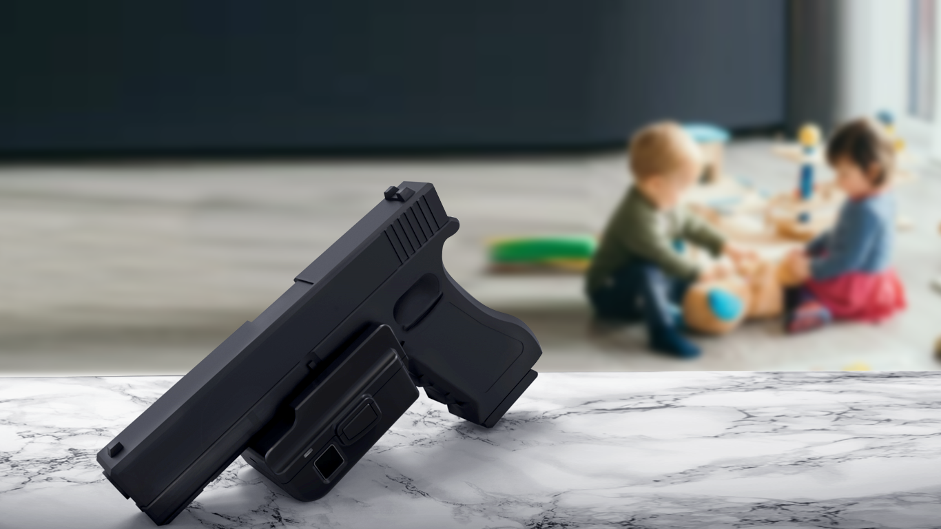 kids playing and smart trigger lock in front